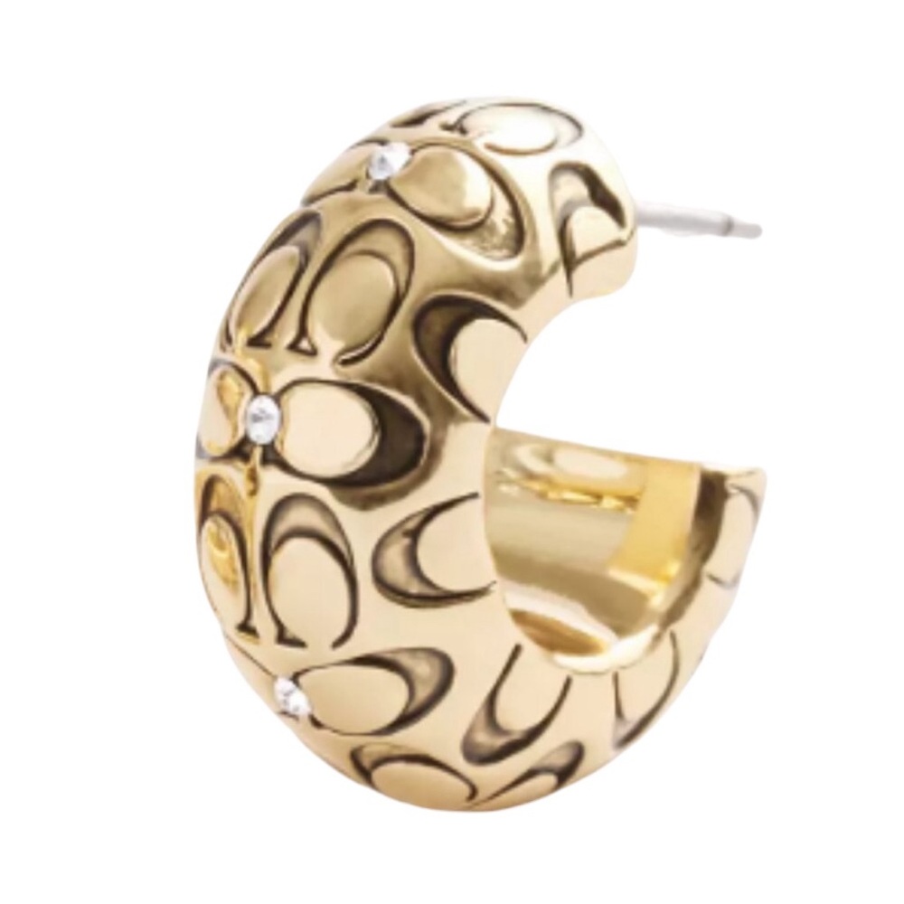 Coach Signature Quilted Chunky Gold Hoop Earrings with Rhinestones - Picture 3 of 4